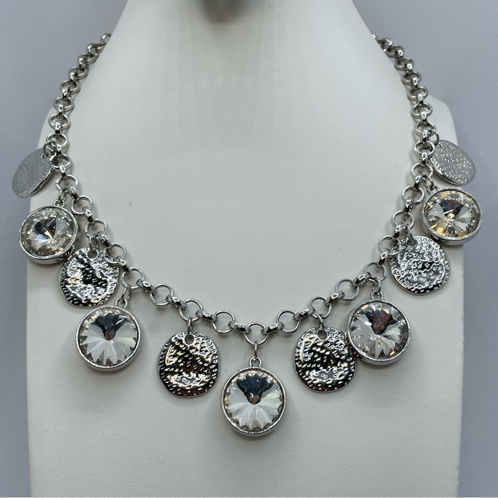Silver Tone Crystal Statement Necklace Chunky Disc Charm Rhinestone Bold